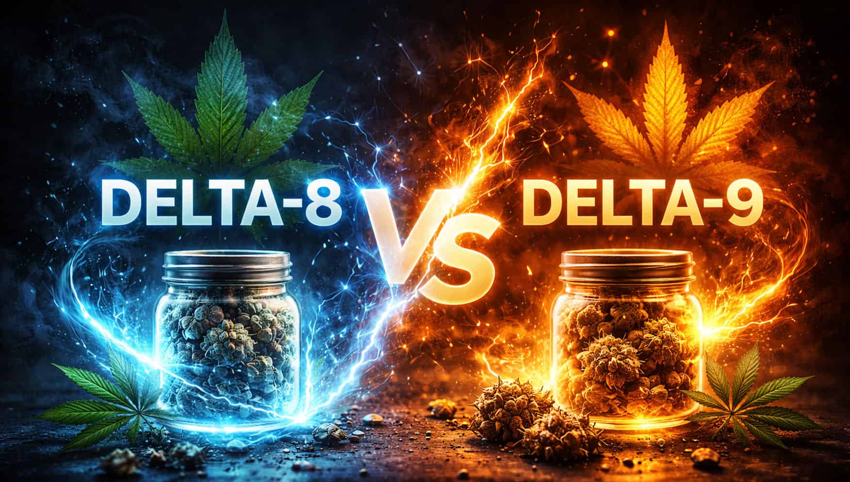 Delta 8 and Delta 9 THC jars with cannabis leaves, highlighting differences.