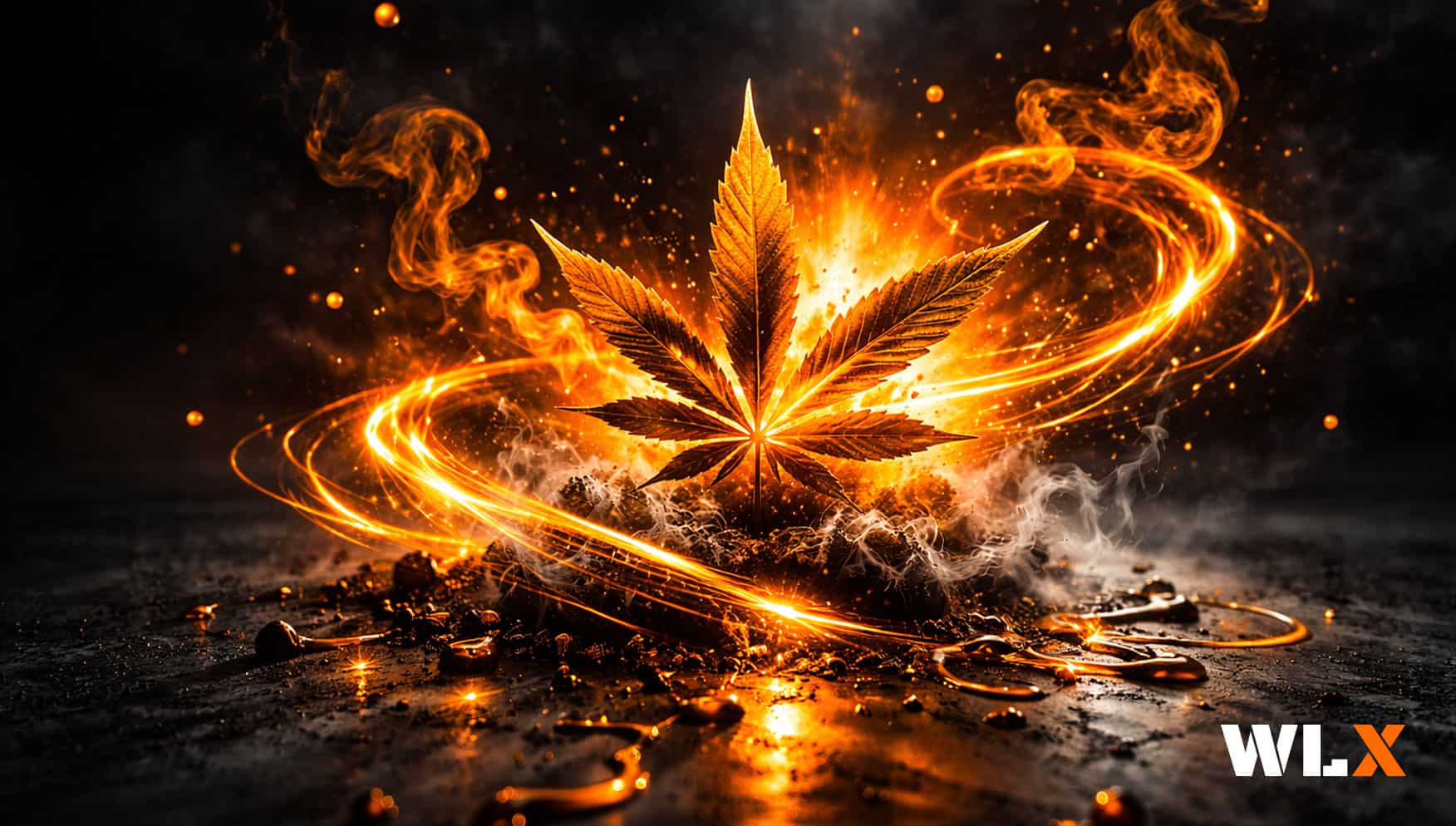 THCa cannabis leaf with fiery effects, highlighting White Label Exotics products.