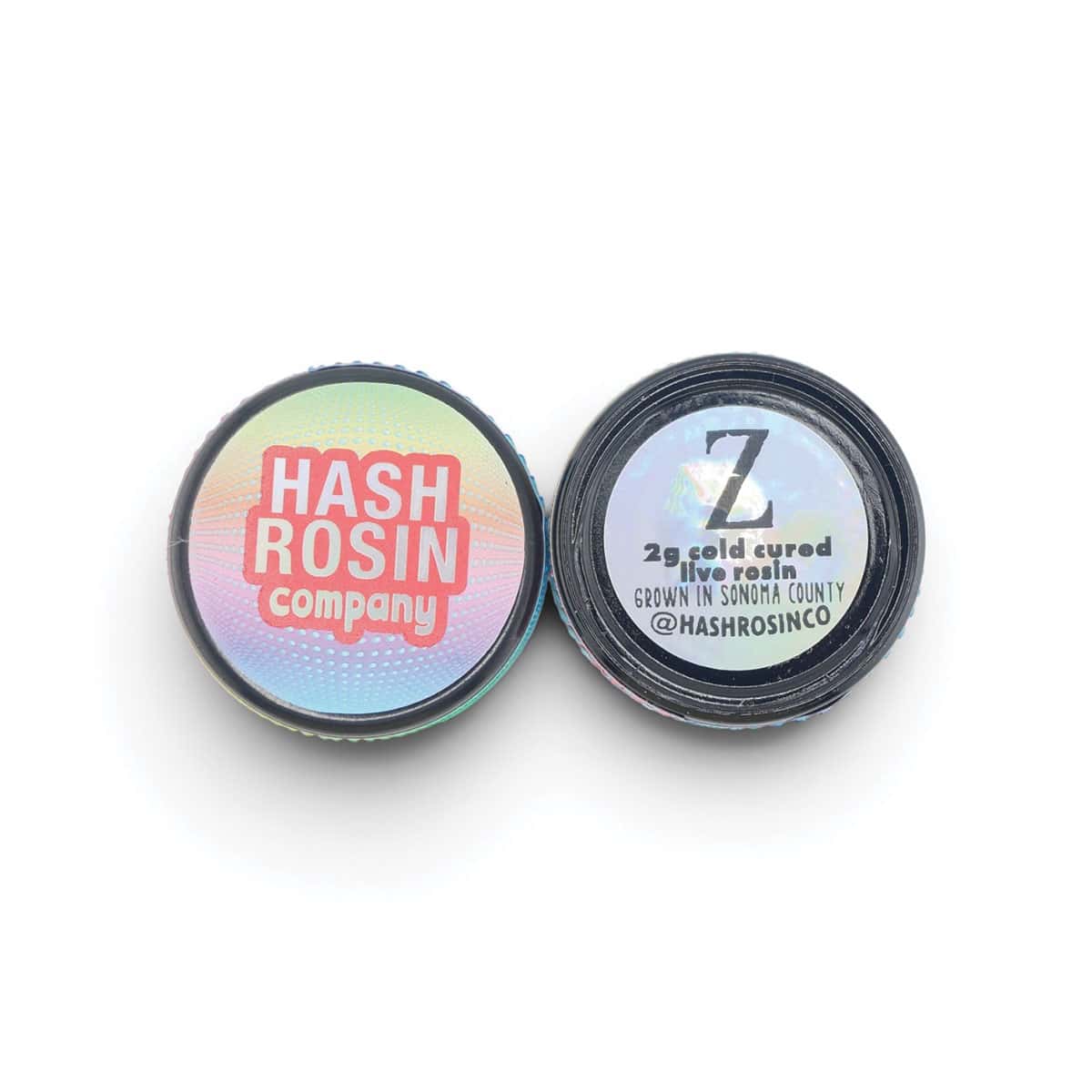 THCa live rosin container with Hash Rosin Co. branding and Zkittlez strain info.